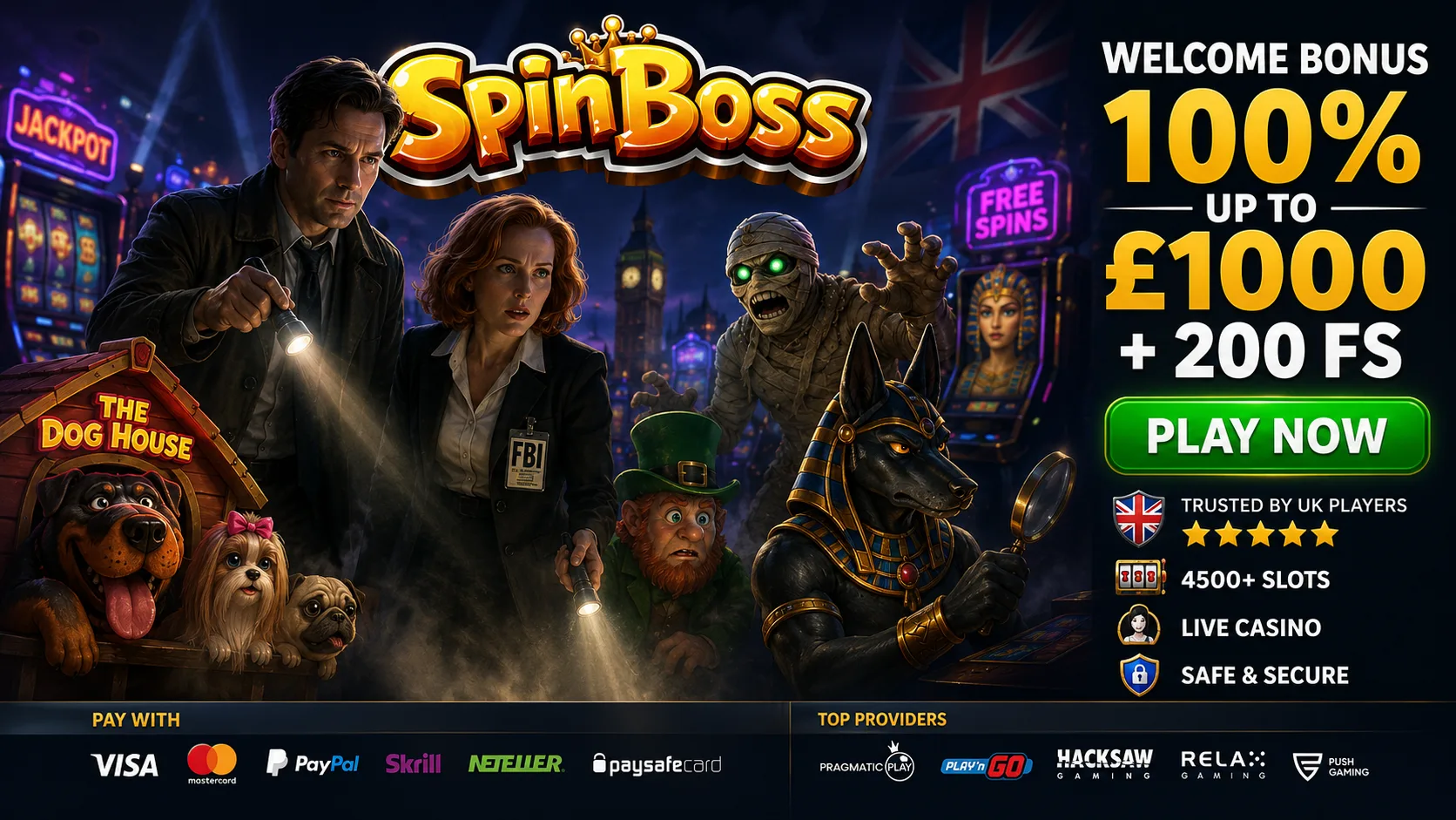 SpinBOSS welcome bonus banner — 100% up to £1000 + 200 free spins, trusted by UK players