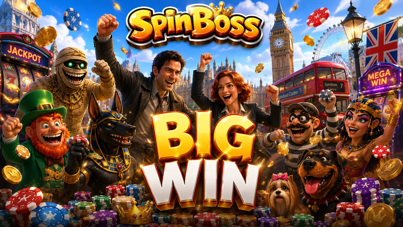 SpinBOSS Big Win celebration in London with the casino's characters