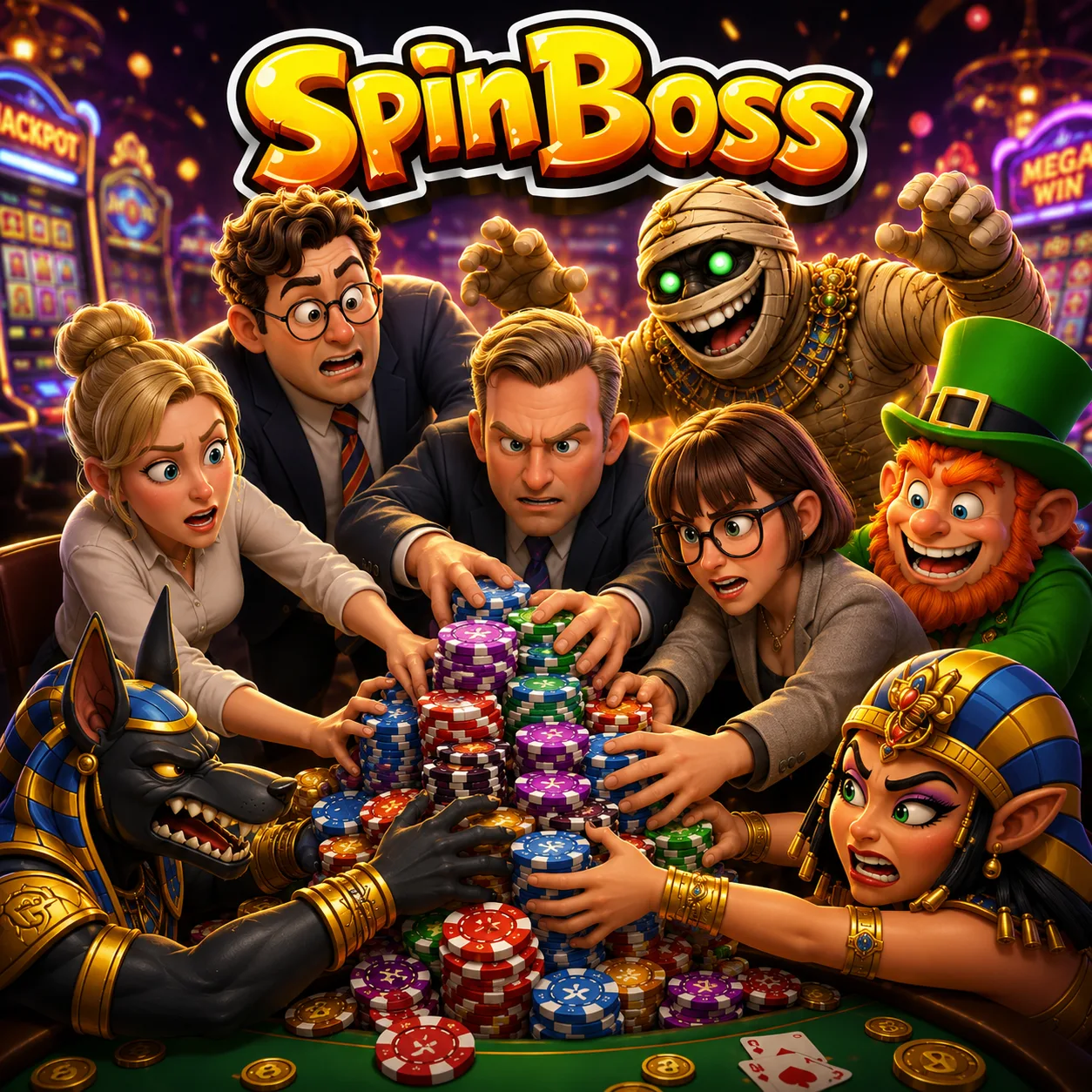 SpinBOSS Casino characters at the chip table